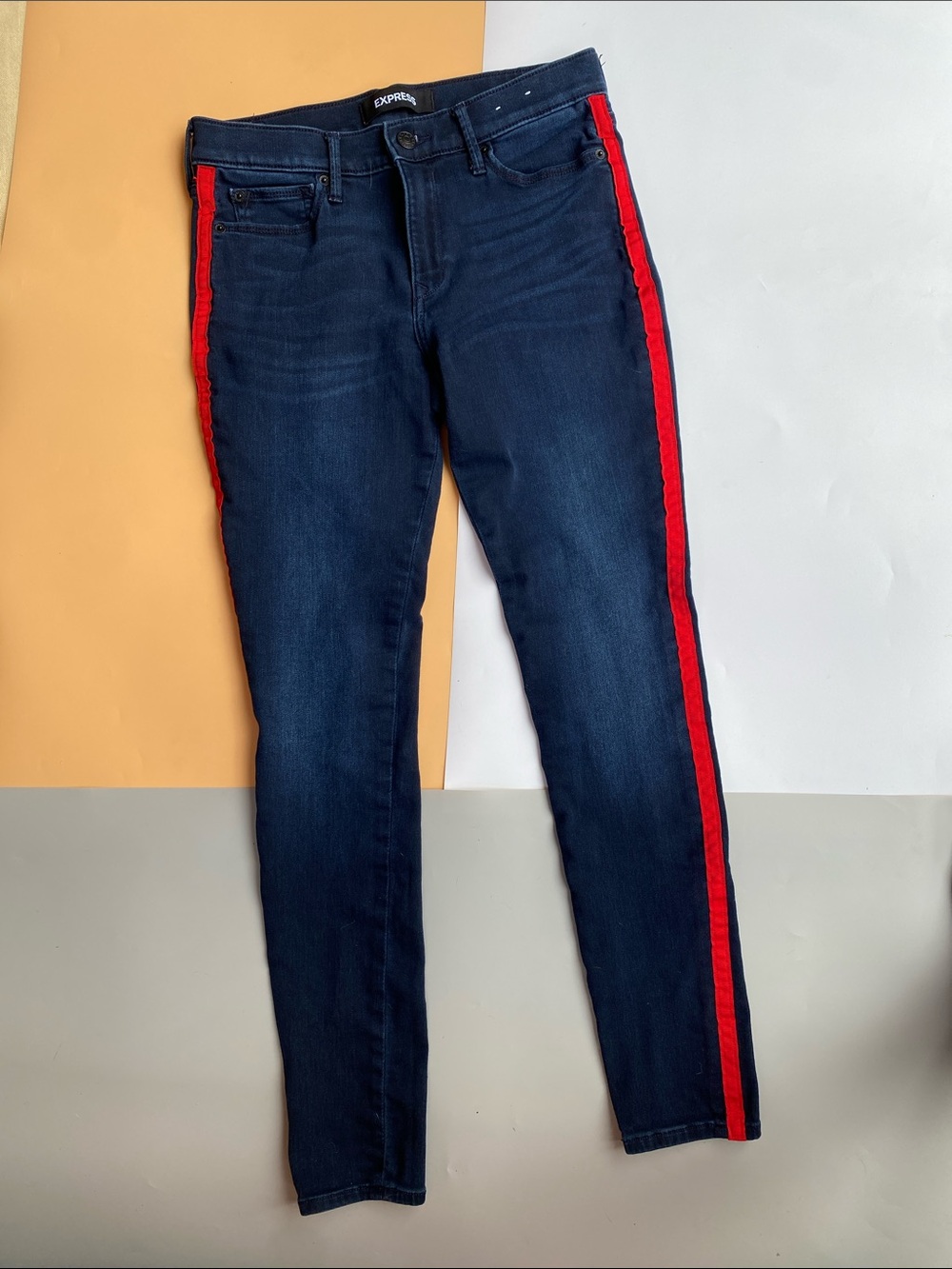 Express Dark Blue Skinny Jeans with Red Side Stripe
